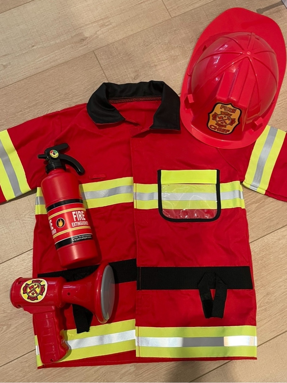 Melissa & Doug Red Firefighter Dress-Up Set with Yellow Reflective Stripes